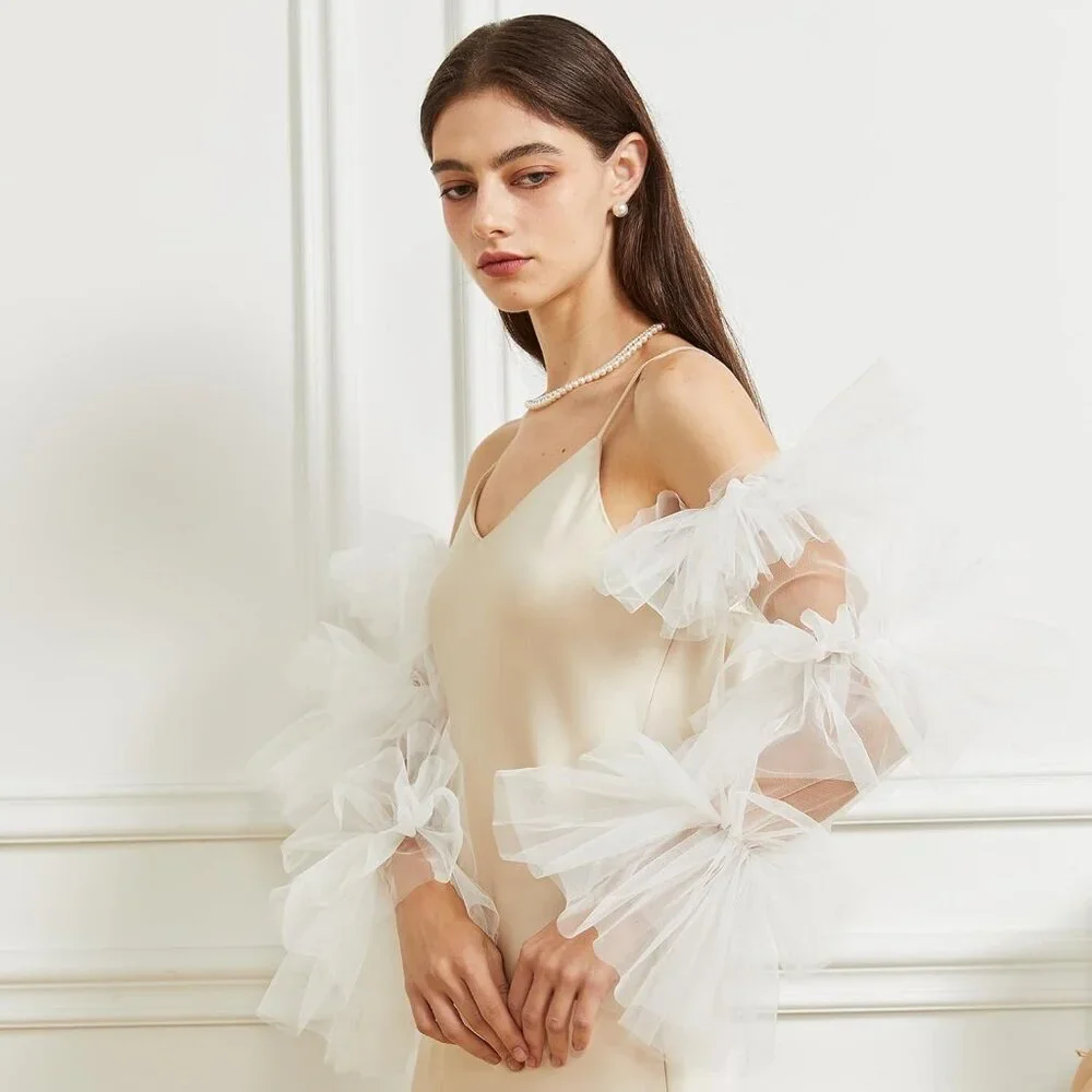 Women's White Satin Tulle  Ruffled Puff Long Gloves Banquet Wedding Party